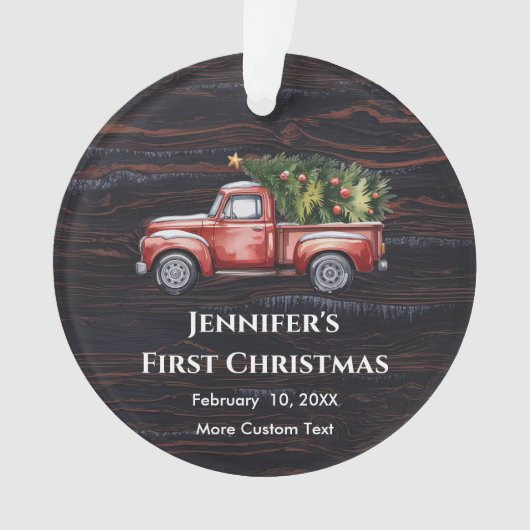 ヴィンテージトラック初めてのクリスマスと誕生統計 オーナメント (正面)
