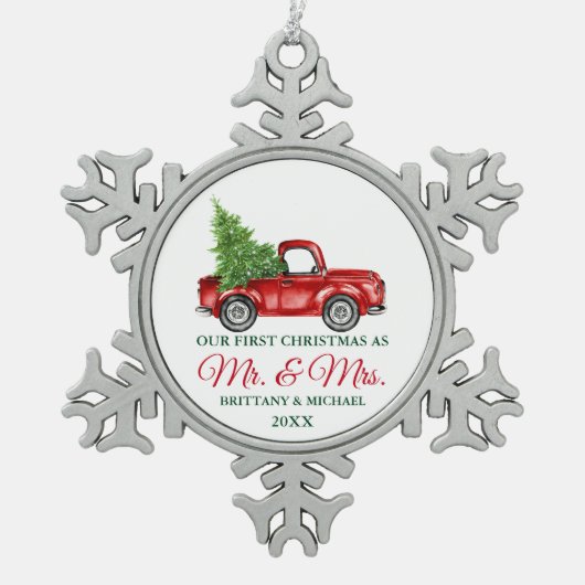 ヴィンテージトラック初めてのクリスマスミスターとミセス スノーフレークピューターオーナメント (正面)