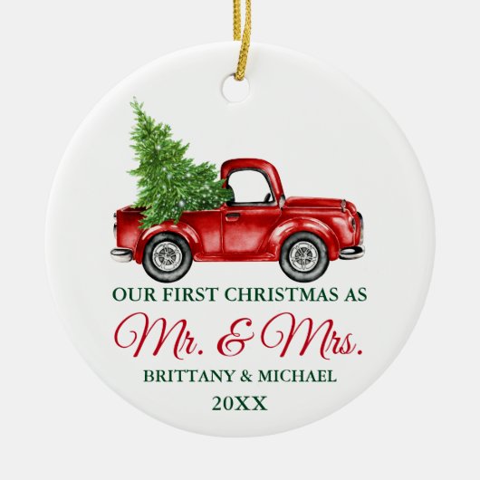 ヴィンテージトラック初めてのクリスマスミスターとミセス セラミックオーナメント (正面)