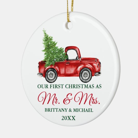 ヴィンテージトラック初めてのクリスマスミスターとミセス セラミックオーナメント (左)