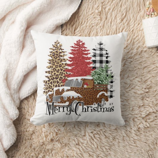 ヴィンテージトラック市松模様にヒョウメリークリスマス クッション (ブランケット)