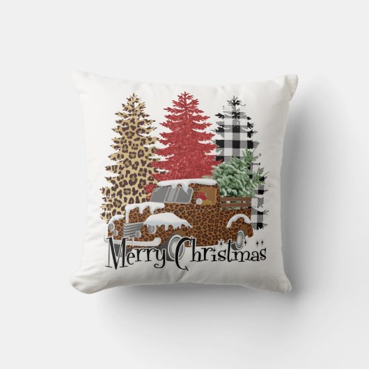 ヴィンテージトラック市松模様にヒョウメリークリスマス クッション (正面)