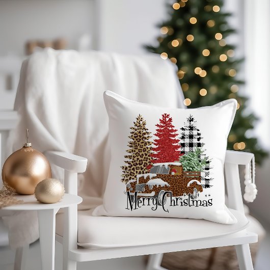 ヴィンテージトラック市松模様にヒョウメリークリスマス クッション