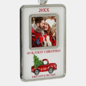 ヴィンテージトラック私たちの初めてのクリスマスカップル写真レッド シルバープレートフレームオーナメント (右)