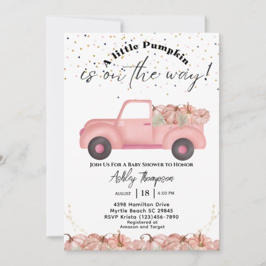ヴィンテージトラック秋ピンクカボチャ赤ちゃんシャワー 招待状 (正面)