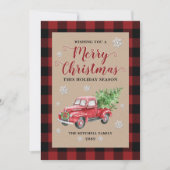 ヴィンテージトラック赤バッファロープレイドメリークリスマス シーズンカード (正面)