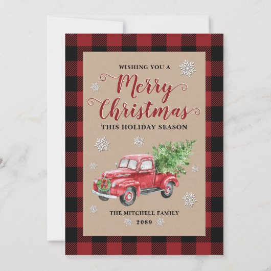 ヴィンテージトラック赤バッファロープレイドメリークリスマス シーズンカード (正面)