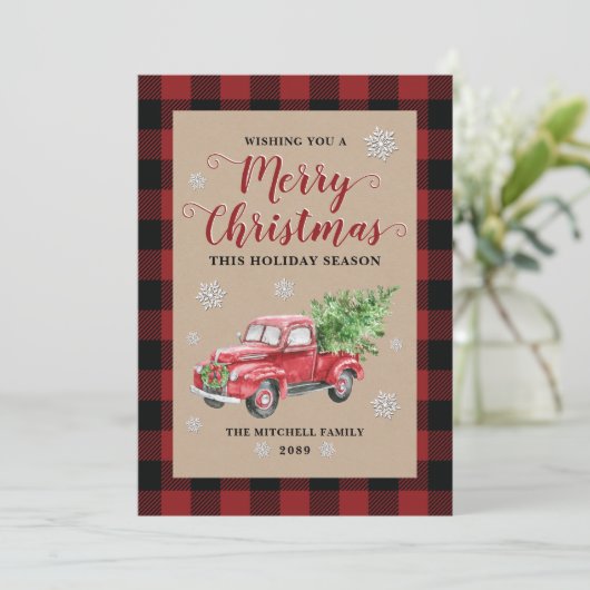 ヴィンテージトラック赤バッファロープレイドメリークリスマス シーズンカード (スタンド正面)