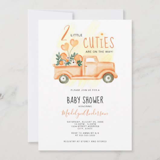 ヴィンテージトラック2リトルかわいこちゃんツインベビーシャワー 招待状 (正面)