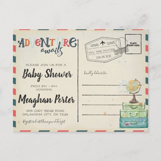 ヴィンテージトラベルをテーマにしたベビーシャワー招待状 インビテーションポストカード (裏面)