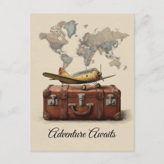 ヴィンテージトラベルイラストレーションと飛行機 ポストカード (正面)