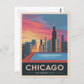 ヴィンテージトラベルシカゴサンセットスカイラインシティスケープ ポストカード (正面/裏面)