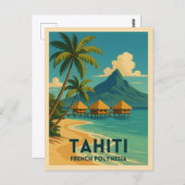 ヴィンテージトラベルタヒティフランスのポリネシアビーチレトロ ポストカード (正面/裏面)