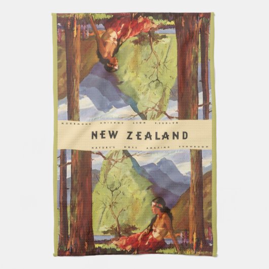 ヴィンテージトラベルニュージーランドランドスケープ先住民女性 キッチンタオル (縦)