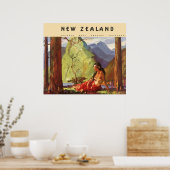 ヴィンテージトラベルニュージーランドランドスケープ先住民女性 ポスター (キッチン)