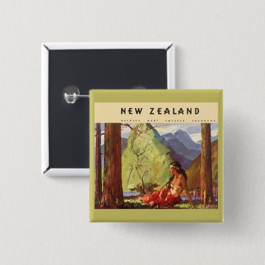 ヴィンテージトラベルニュージーランドランドスケープ先住民女性 缶バッジ (正面&裏面)