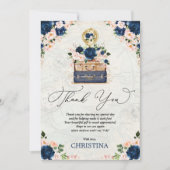 ヴィンテージトラベルブライダルシャワーネイビー赤面フローラ サンキューカード (正面)