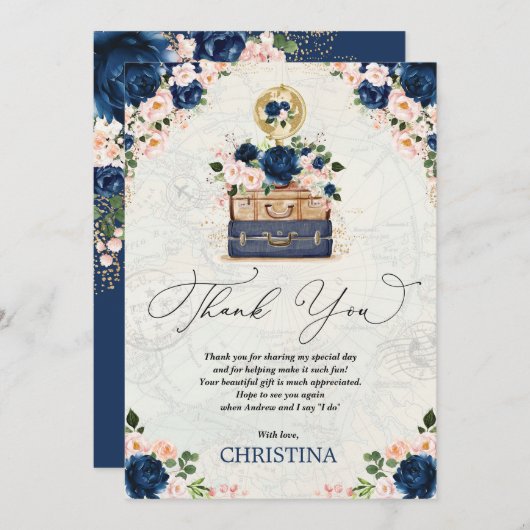 ヴィンテージトラベルブライダルシャワーネイビー赤面フローラ サンキューカード (正面/裏面)