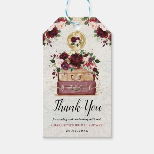 ヴィンテージトラベルブルゴーニュ赤面フラワーブライダルシャワー ギフトタグ (正面)