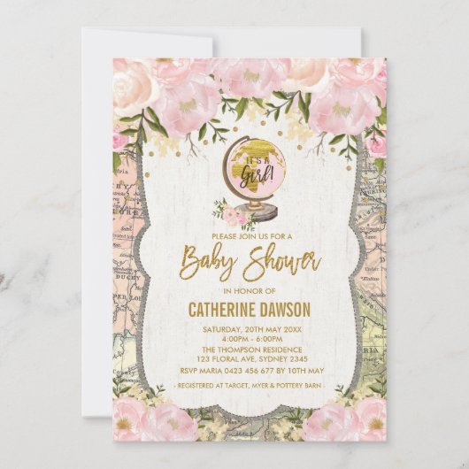 ヴィンテージトラベルベビーガールシャワー招待状フローラ 招待状 (正面)