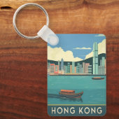 ヴィンテージトラベルホンコン中国レトロシティスケープ キーホルダー (正面)