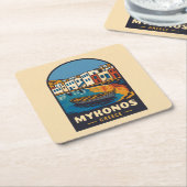 ヴィンテージトラベルミコノスギリシャ島シーサイドレトロ スクエアペーパーコースター (アングル)