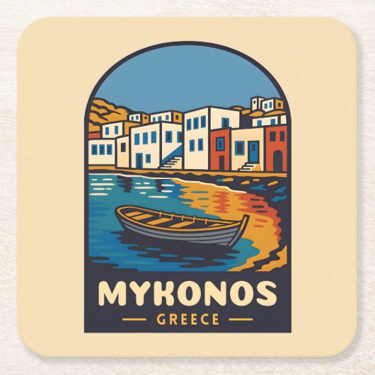 ヴィンテージトラベルミコノスギリシャ島シーサイドレトロ スクエアペーパーコースター (正面)