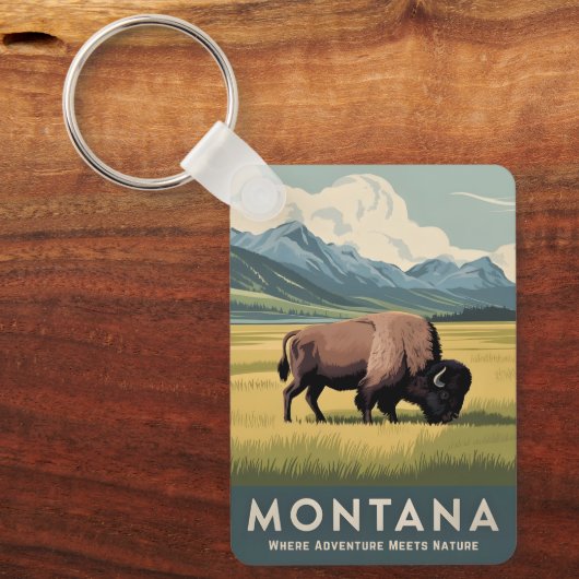 ヴィンテージトラベルモンタナバイソンワイルドライフレトロ風光明媚 キーホルダー (正面)