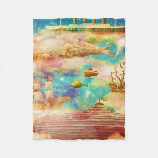 ヴィンテージトラベルワールドスカイブルー海クジラ フリースブランケット (正面)