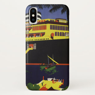 ヴィンテージトラベル アールデコ調のクルーズ船が停泊する港 iPhone X ケース