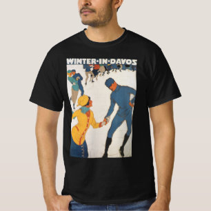ヴィンテージトラベル、アールデコ、スイス ダボス 冬 Tシャツ