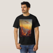 ヴィンテージトラベル 香港のジャンク船上空を飛行する旅客機 Tシャツ (正面フル)