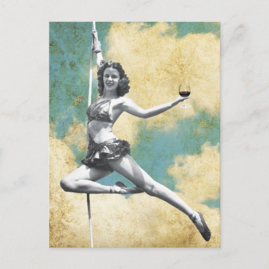 ヴィンテージトラペーズ女性とワイン ポストカード (正面)
