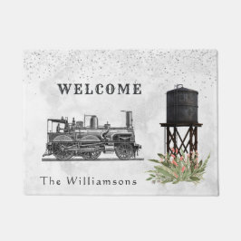 ヴィンテージトレインウォータータワーフローラ紙吹雪ウェルカム ドアマット