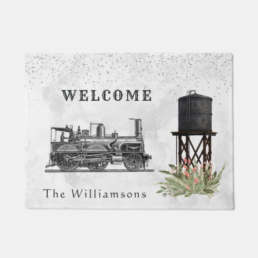 ヴィンテージトレインウォータータワーフローラ紙吹雪ウェルカム ドアマット (正面)