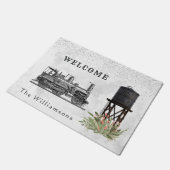 ヴィンテージトレインウォータータワーフローラ紙吹雪ウェルカム ドアマット (アングル)