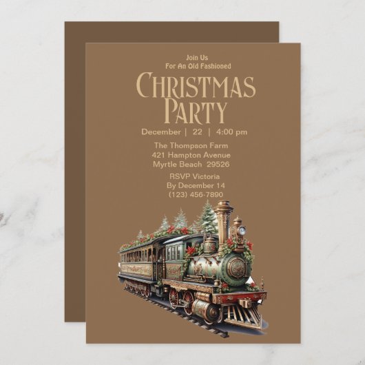 ヴィンテージトレインクリスマスホリデーパーティー 招待状 (正面/裏面)
