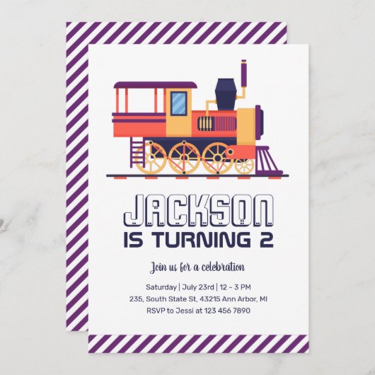 ヴィンテージトレインレトロとカラフルボーイズ誕生日 招待状 (正面/裏面)