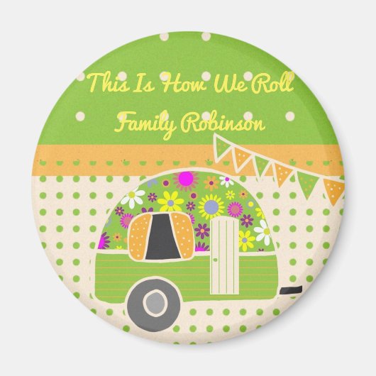 ヴィンテージトレーラーキャンパーパーティー供給緑/オレンジ マグネット (正面)