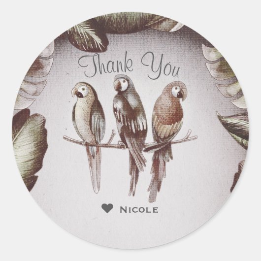 ヴィンテージトロピカルチキバードパロッツ&葉ビッグズ ラウンドシール (正面)