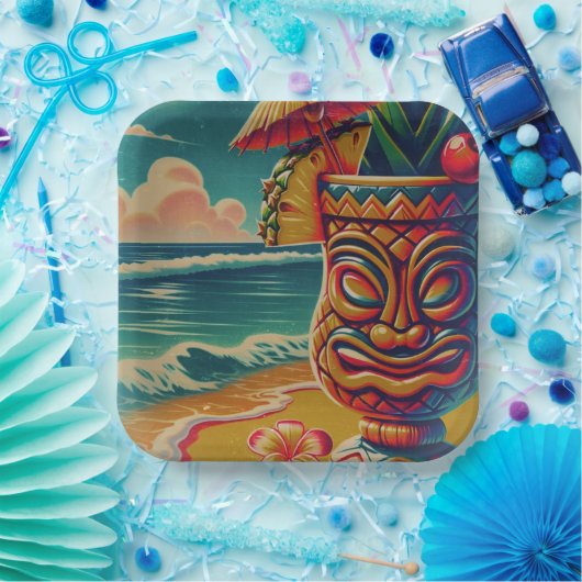 ヴィンテージトロピカルティキアンブレラドリンクルアウ（ハワイ式宴会）パーティー ペーパープレート (パーティー)