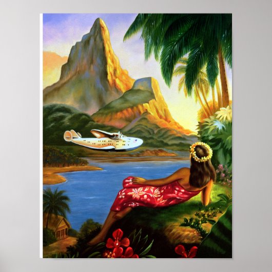 ヴィンテージトロピカルハワイアンシー飛行機パームツリー ポスター (正面)