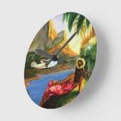ヴィンテージトロピカルハワイアンシー飛行機パームツリー ラウンド壁時計 (傾斜)