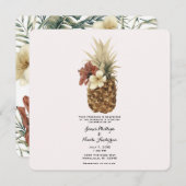 ヴィンテージトロピカルパイナップルハイビスカスフラワーリングウェディング 招待状 (正面/裏面)