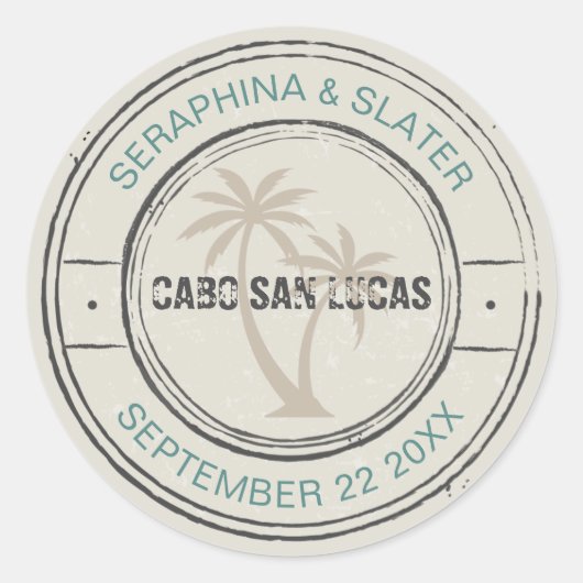 ヴィンテージトロピカルパスポートスタンプパームツリー ラウンドシール (正面)