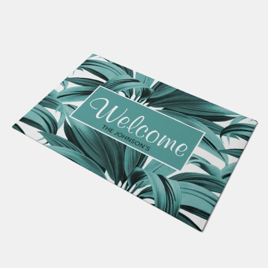 ヴィンテージトロピカルパームボタニカルウォーターティール(緑がかった色) ドアマット (アングル)