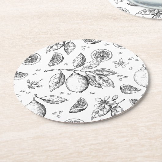 ヴィンテージトロピカルフルーツレモン花柄 ラウンドペーパーコースター (アングル)