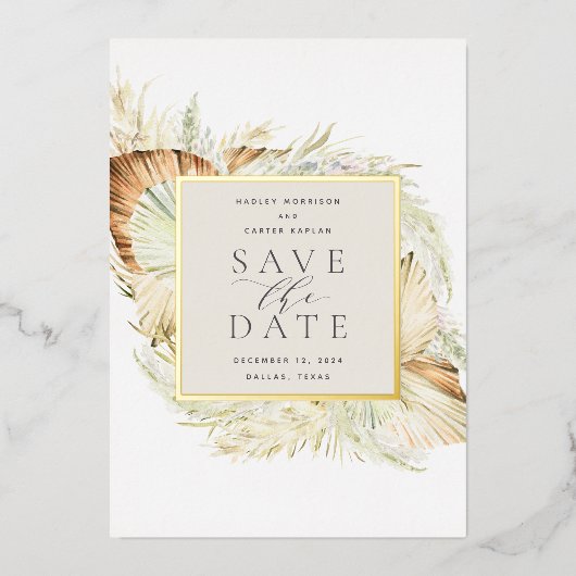 ヴィンテージトロピックスフォイル日付カードを保存 箔招待状 (正面)