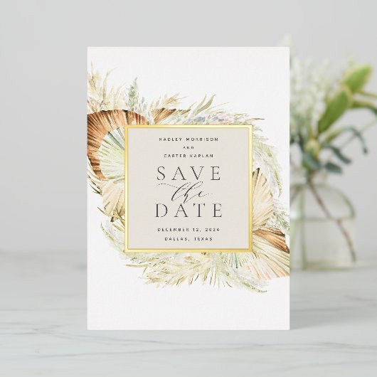 ヴィンテージトロピックスフォイル日付カードを保存 箔招待状 (立ち正面)