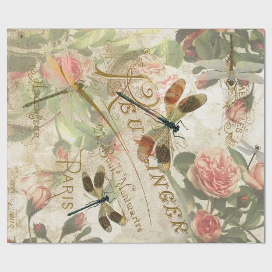 ヴィンテージトンボとバラの分離 ラッピングペーパー (フラット)